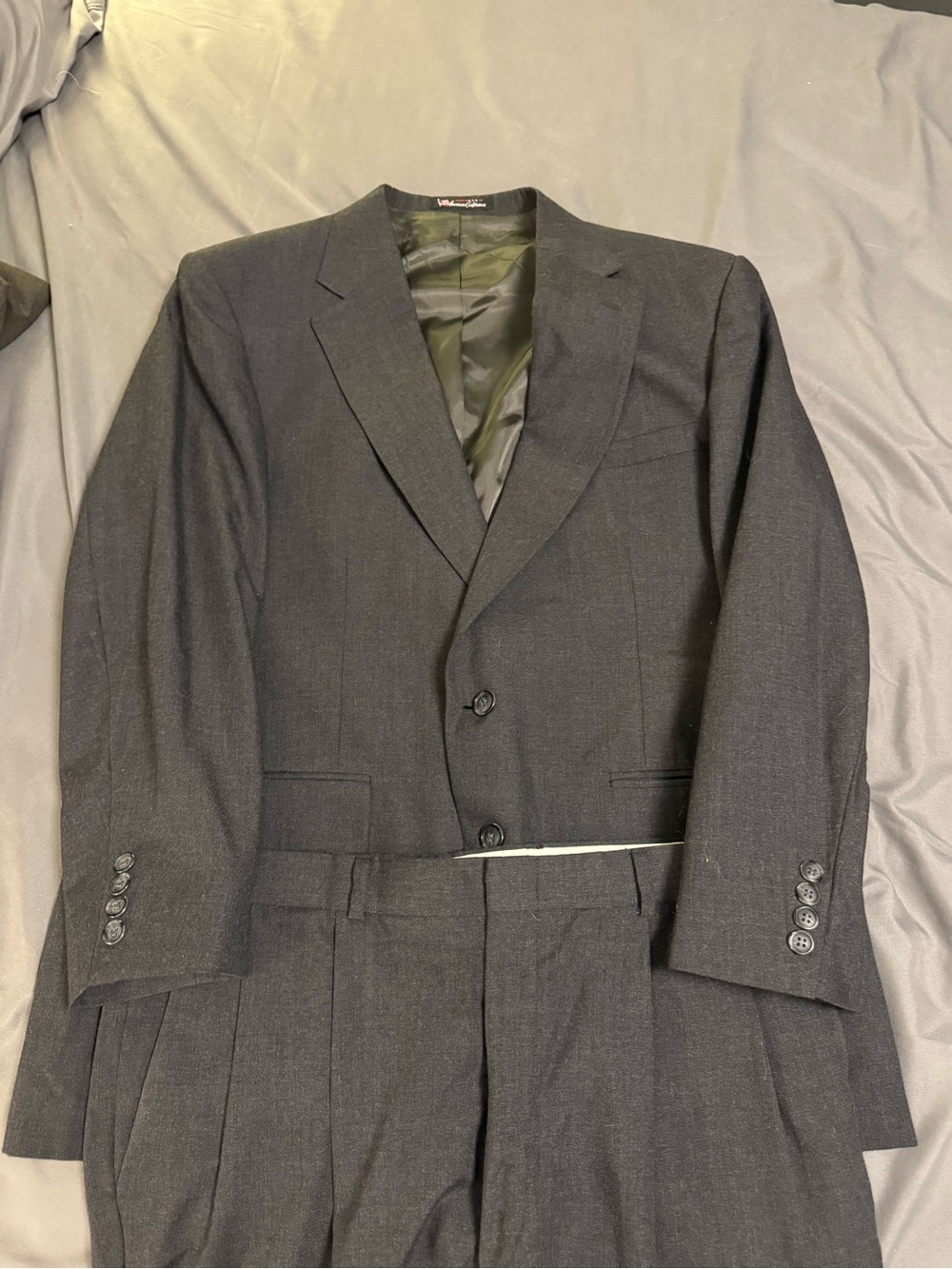 Vintage Stafford Made in USA Suit 44R Hopsack Wool Double Pleat Dark Gray suit